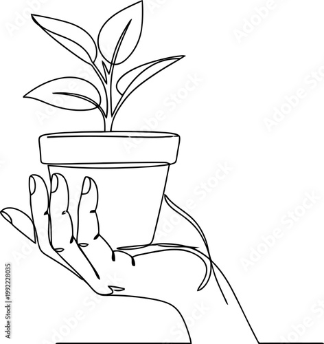 Continuous line drawing Minimalist line art hand holding potted plant, simple leafy green houseplant, black and white illustration, eco friendly symbol