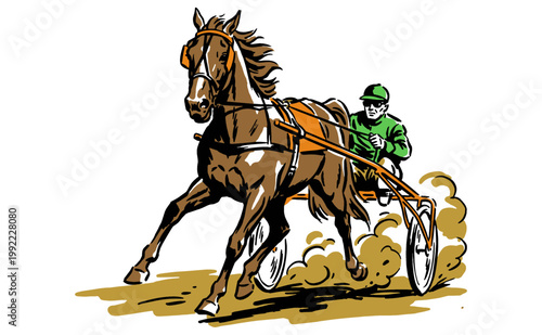 Harness racing graphic artwork. Horse racing with driver in sulky vintage style. Equestrian sport illustration for t-shirt print and posters.