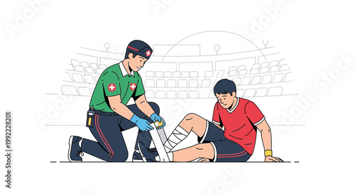 Sports Injury: Medic Taping Athlete's Injured Leg at Stadium