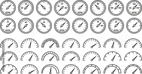 Speedometer gauge icons set collection dashboard meters indicators outline vector isolated design elements automotive interface symbols