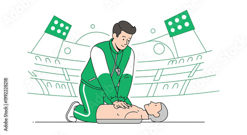 Sports Coach Performing CPR on Athlete on Field with Stadium Background