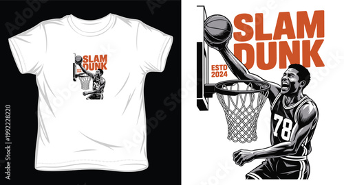 Basketball player making slam dunk in vintage illustration style.