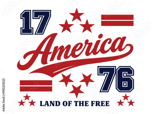 America 1776 Land of The Free Patriotic Baseball Script Typography T-Shirt Design – Stars Red White Blue Independence Day Vector Illustration