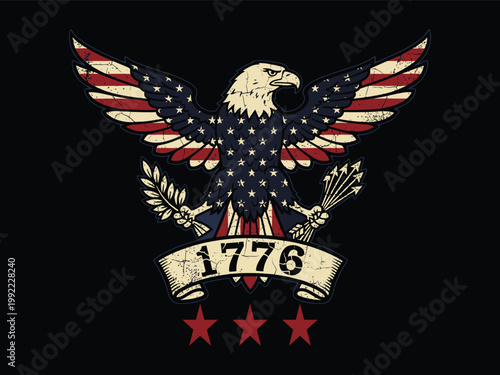 Eagle, Bald, 1776, America, Patriotic, Flag, Wings, Spread, Banner, Stars, Stripes, Red, White, Blue, Dark, Black, Vintage, Retro, Grunge, Distressed, Freedom, Independence, Usa, National, Pride, Powe
