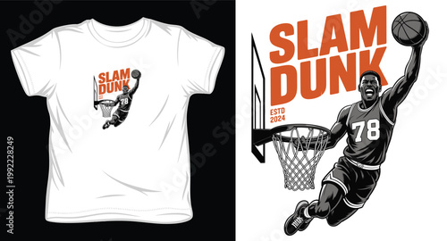 Dynamic basketball player jumping for slam dunk action scene.