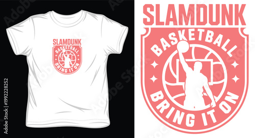 Slam dunk basketball bring it on emblem with player silhouette and ball in monochrome style.