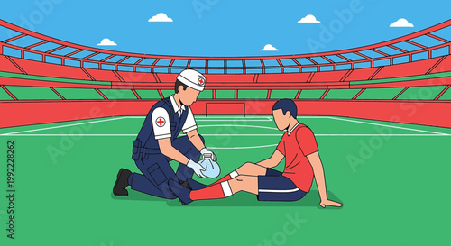 Sports injury: medical staff attending to injured soccer player on field during game