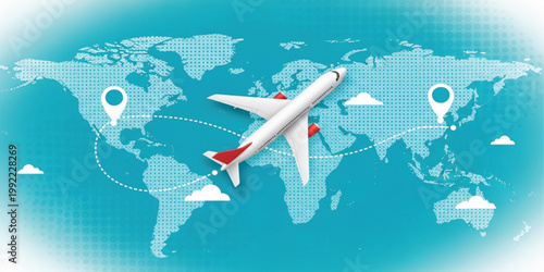 International Airplane Flight Concept Over Dotted World Map with Destination Pins and Route Path for Global Travel Tourism Aviation and Business Logistics Digital Marketing Background