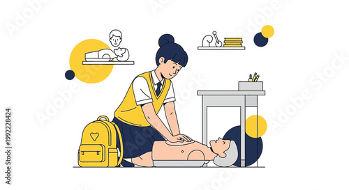 Student performing CPR on mannequin in classroom, emergency medical training concept