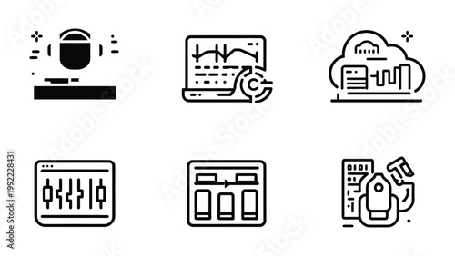 Digital audio workstation icons: Six sleek black and white icons represent various facets of digital audio workstations, embodying tools and elements used in music creation and sound editing
