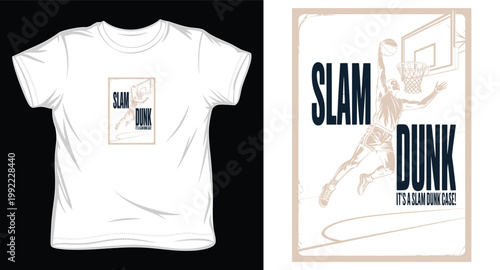 Vintage style slam dunk basketball illustration with player in action and text.