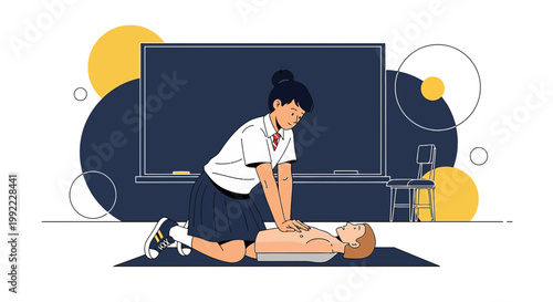 Student performs CPR on dummy in classroom, emergency medical training concept