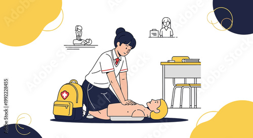 Student performing CPR on mannequin, first aid training, emergency medical care education