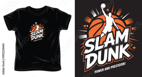 Energetic slam dunk basketball graphic with stylized player and explosive background.