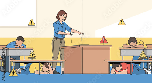 Students practice earthquake drill in classroom with teacher guidance, safety awareness