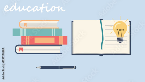 Education Study Background – Books Notebook and Pencil Flat Design Illustration