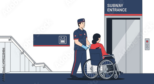 Subway Elevator Assistance: Staff Helps Woman in Wheelchair Access Public Transport