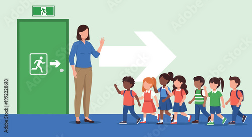 Teacher leads children to safety through emergency exit during evacuation drill