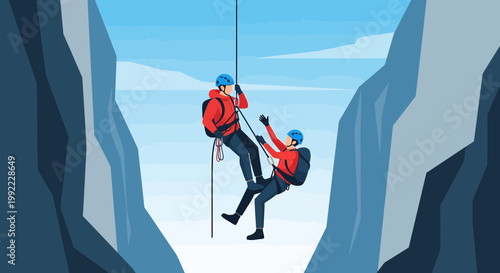 Teamwork in Extreme Conditions: Climbers Descending a Steep Ice Cliff with Ropes