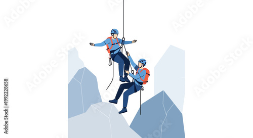 Teamwork in mountaineering: Climbers rappelling down a rocky mountain face