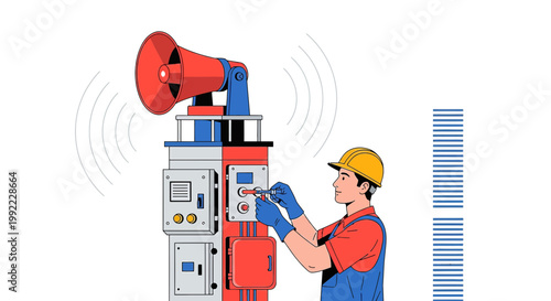 Technician Inspecting Warning Siren System with Red Horn and Control Panel