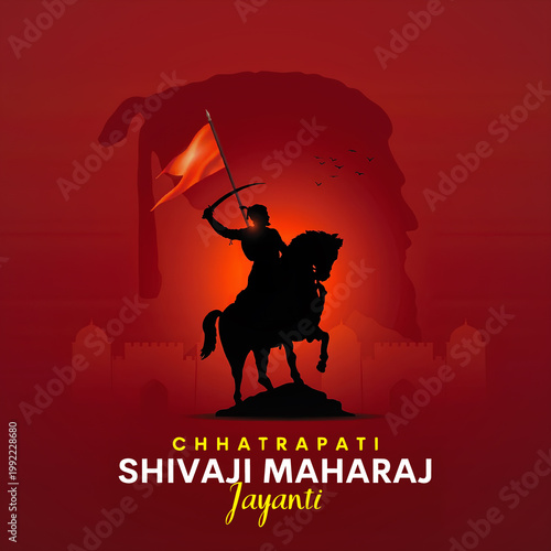 Chhatrapati Shivaji Maharaj Jayanti greeting card with horse rider silhouette, fort backdrop, and patriotic red theme