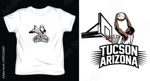 Tucson Arizona basketball player dunking ball over hoop graphic.