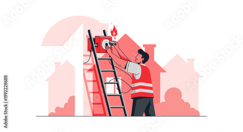 Technician installing home security system with fire alarm on ladder, safety concept