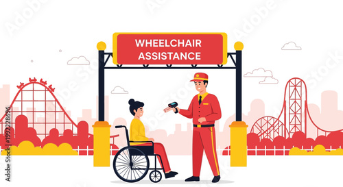 Theme Park Wheelchair Assistance: Staff Helps Visitor with Roller Coaster Background