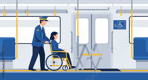 Train attendant helps woman in wheelchair board train with ramp