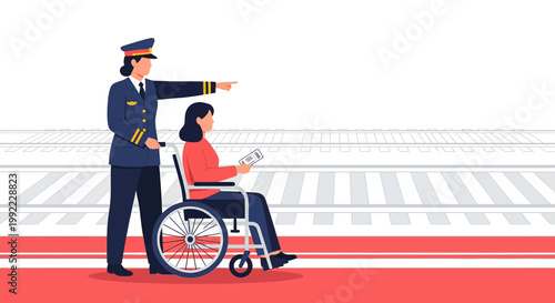 Train attendant helps woman in wheelchair on platform, pointing the way.