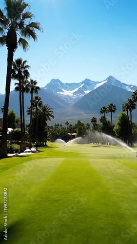 Lush Golf Course Oasis with Snow-Capped Mountain Backdrop.