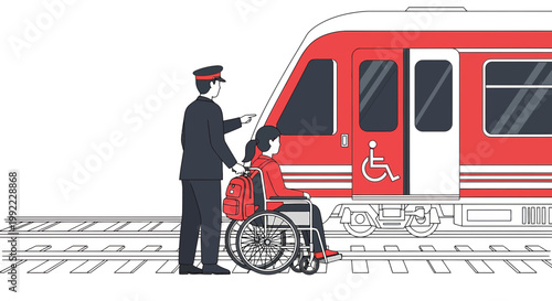 Train conductor helps disabled woman in wheelchair board train, accessibility concept