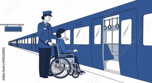 Train station attendant helps person in wheelchair board train, accessibility, public transport