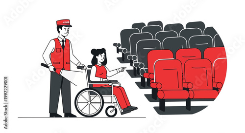 Usher assists disabled woman in wheelchair to accessible seating in cinema