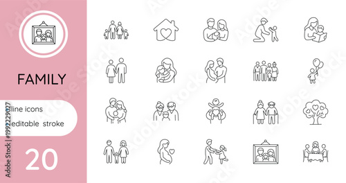 Family line icon set. Editable, vector.