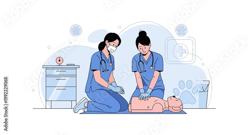 Veterinary Nurses Practicing CPR on Dog Mannequin for Pet Emergency Training