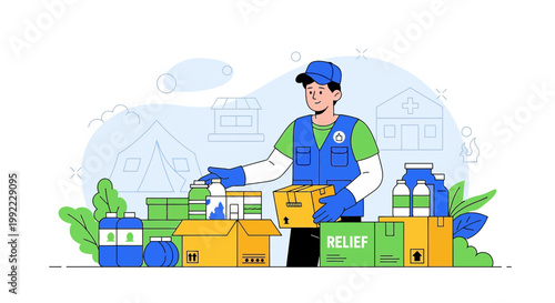 Volunteer distributing relief supplies, aid boxes, and food to people in need during disaster