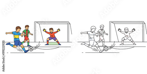 Boys playing soccer vector illustration. Colored and black and white outline coloring page with player kicking ball, defender, and goalkeeper.