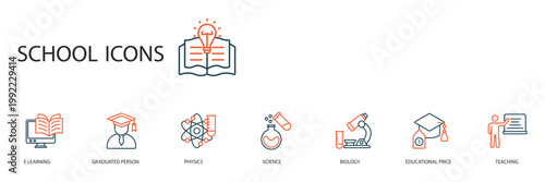 school icons set outline and Flat Style,transparent background