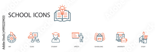 school icons set outline and Flat Style,transparent background