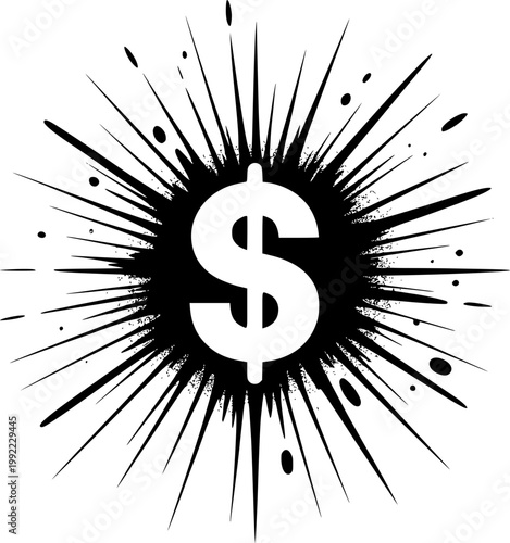 Financial Explosion: A dynamic, black and white illustration of a dollar symbol at the epicenter of an explosion, symbolizing financial power and impact.