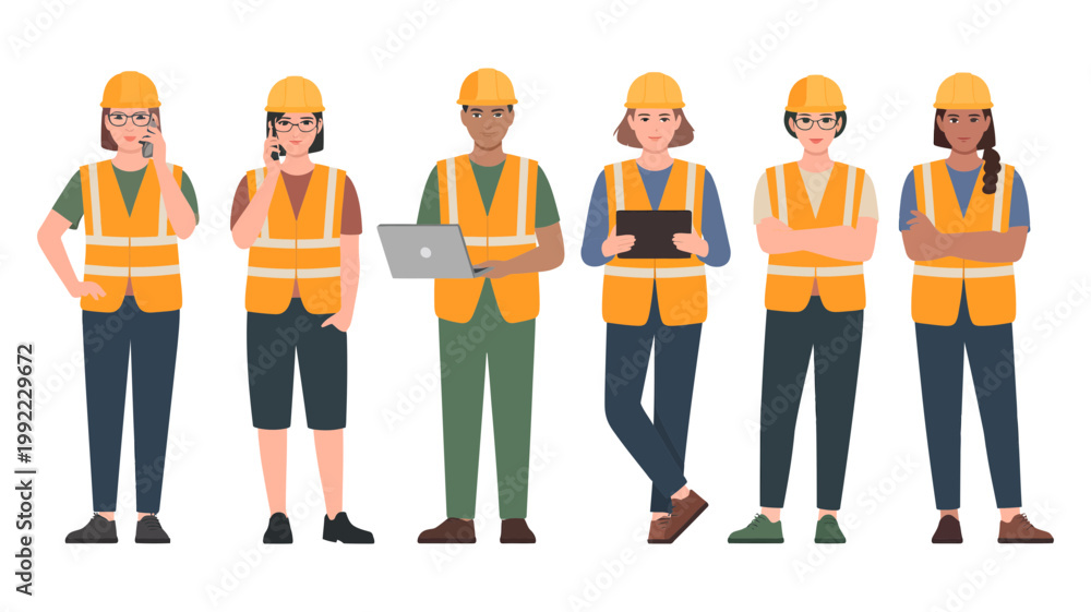 Obraz premium Six diverse construction workers in safety gear present a unified and professional front for their team.