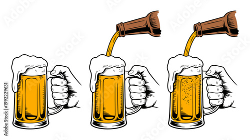 Three hands hold beer mugs with frothy beer being poured from bottles into them