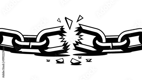 A close-up, black and white illustration of a chain that has snapped, with broken pieces flying
