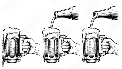 Three hands hold detailed beer mugs with overflowing foam as beer is poured from bottles