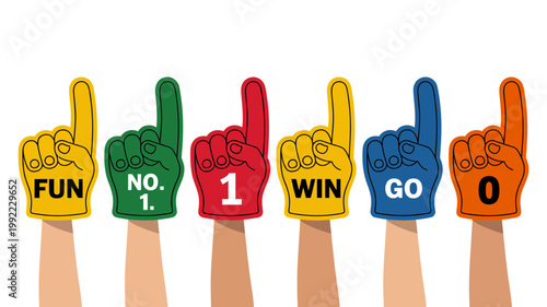 Hands holding colorful foam finger gloves with motivational words and numbers like 'FUN', 'NO. 1', 'WIN', 'GO', and '0'.
