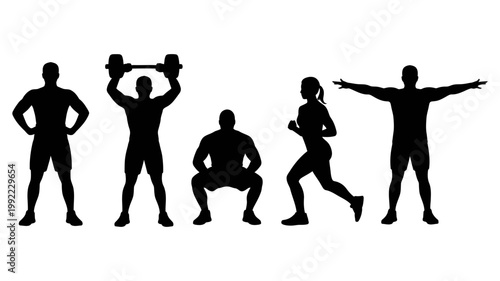 A group of five black silhouettes performs various exercises, including weightlifting and running
