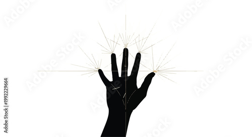 Hand silhouette reaches upward with thin radiating lines of digital energy.