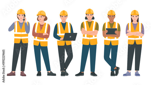 Six diverse construction workers in safety gear present a unified and professional front for their team.